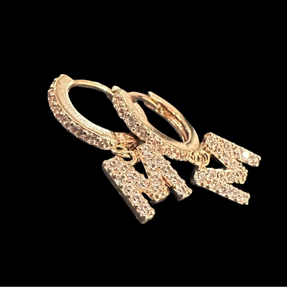 M Initial Huggie Earrings With Crystal Inlay In Rose Gold Tone